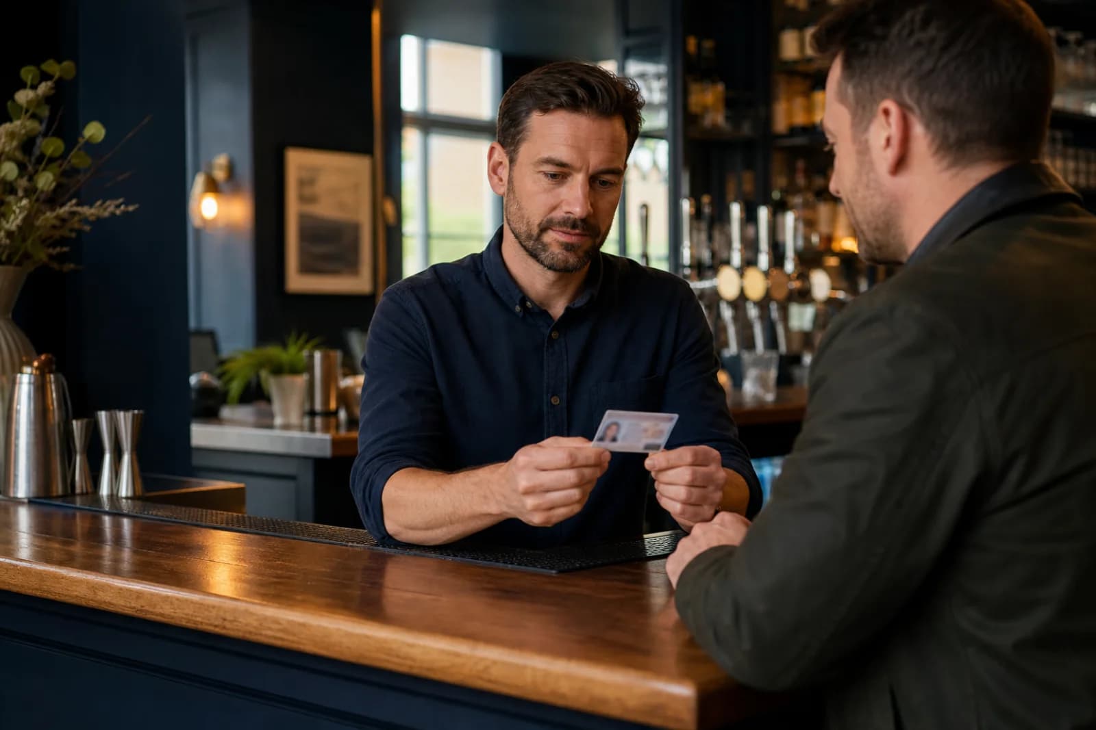 Responsible age-verification scene in a licensed bar