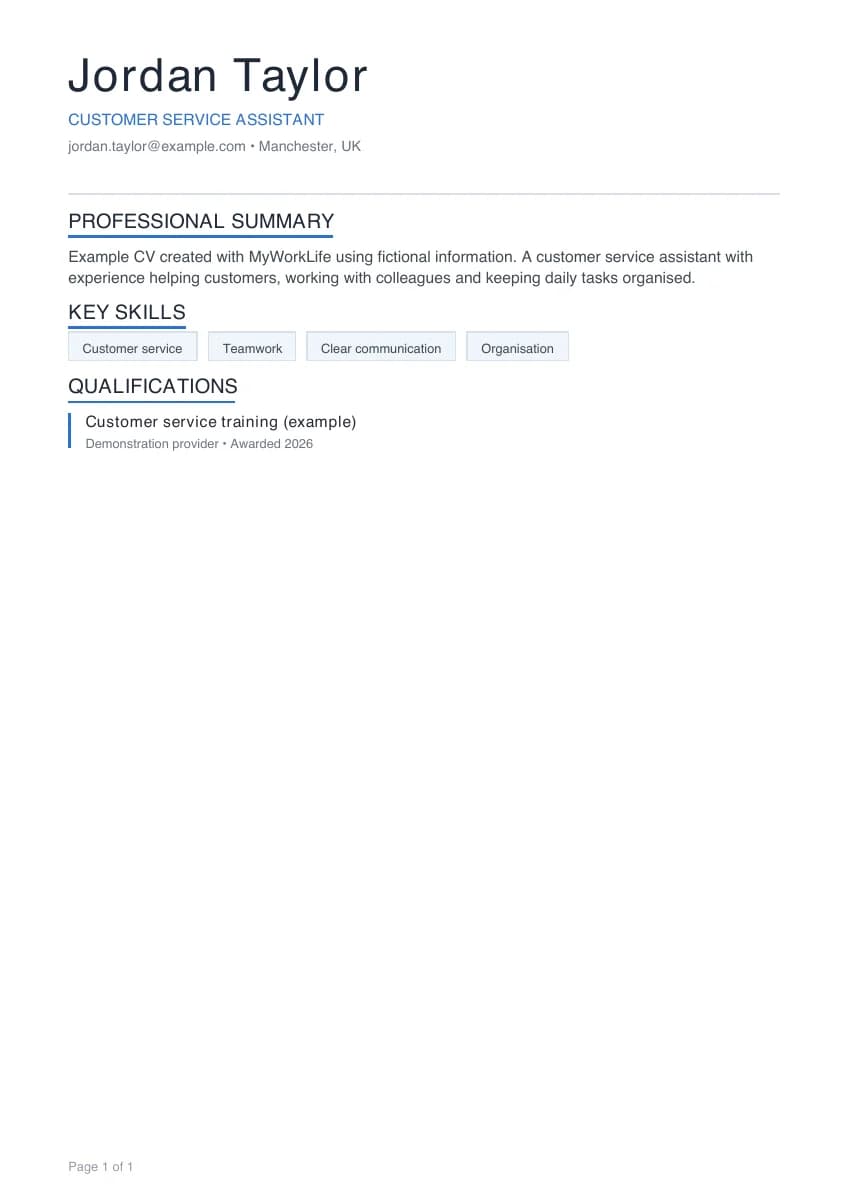 Fictional MyWorkLife CV example for Jordan Taylor